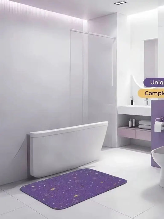 Purple Gold Star Glitter Galaxy Bath Mat, Dreamy Starry Sky Print Non Slip Absorbent Floor Rug,