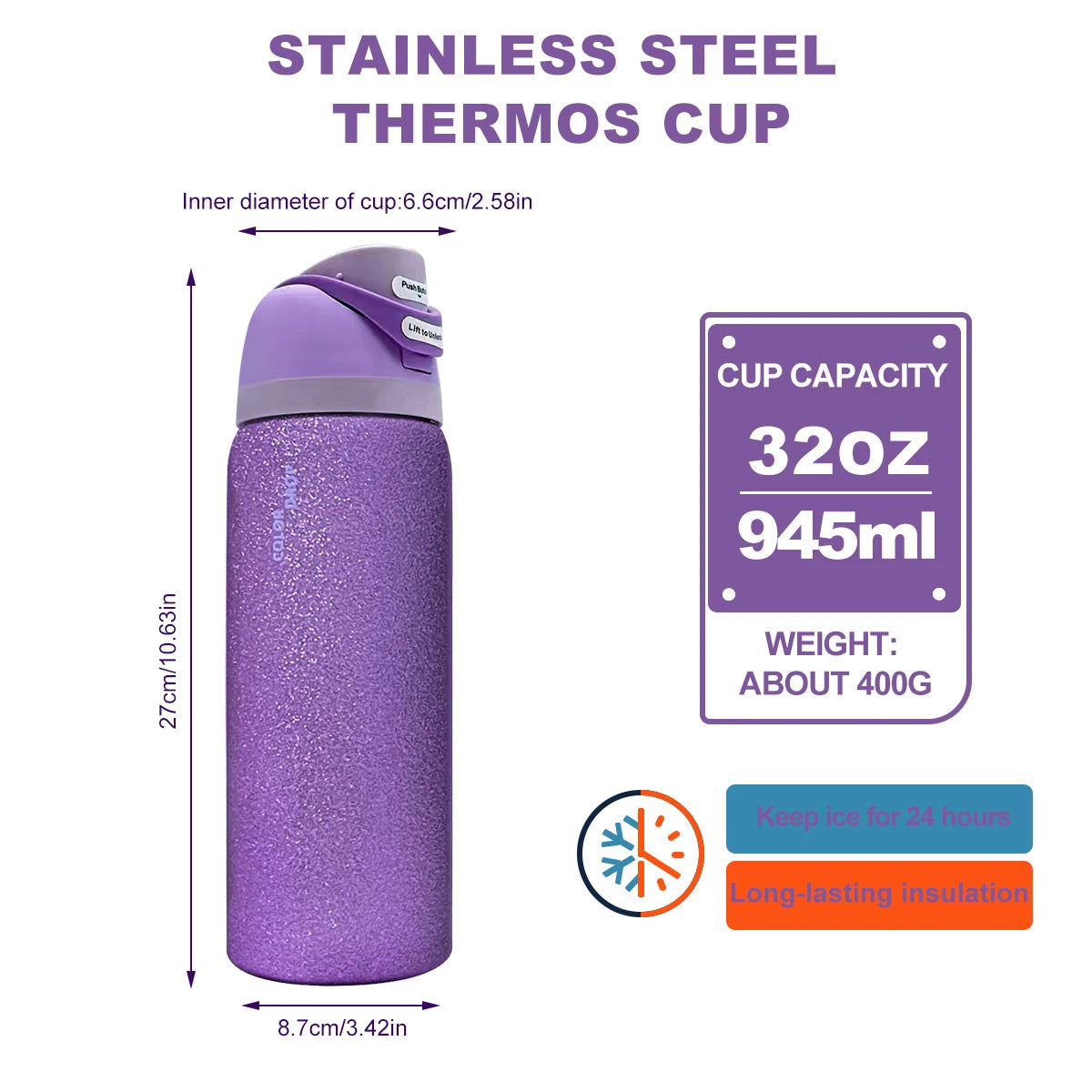 Owalaa Diamond Purple Bottle, 32 oz, 945 ml, retains heat for over 24 h.
