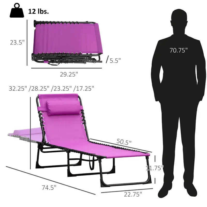 Folding Chaise Lounge Pool Chair with 4-Position Reclining Back, Pillow, Breathable Mesh