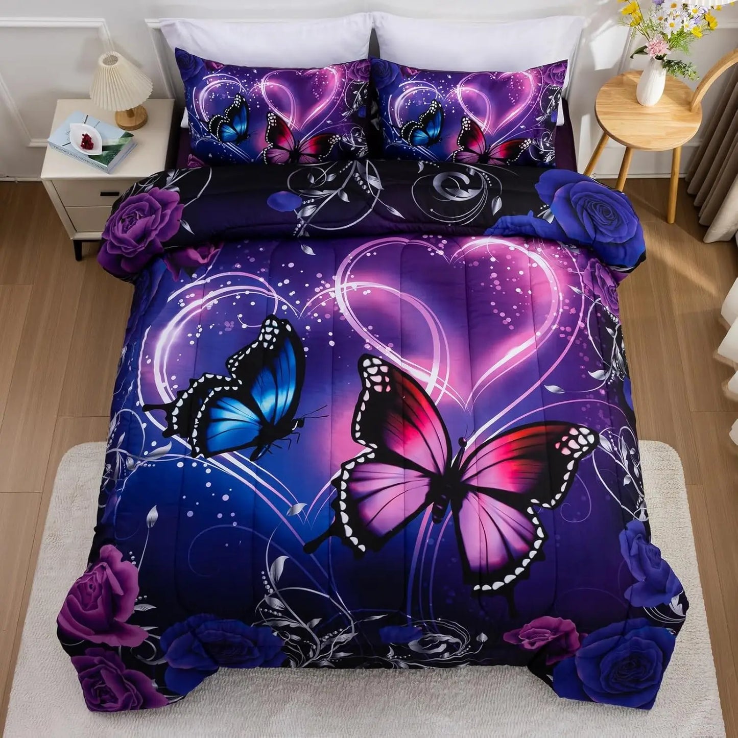 Dreamy Purple Butterfly Bedding Set with Black & Purple Comforter-Queen size