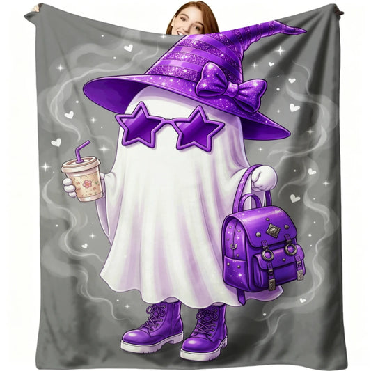 1pc Cute Purple Witch with Star Fashion Glasses And Backpack Print Flannel Blanket