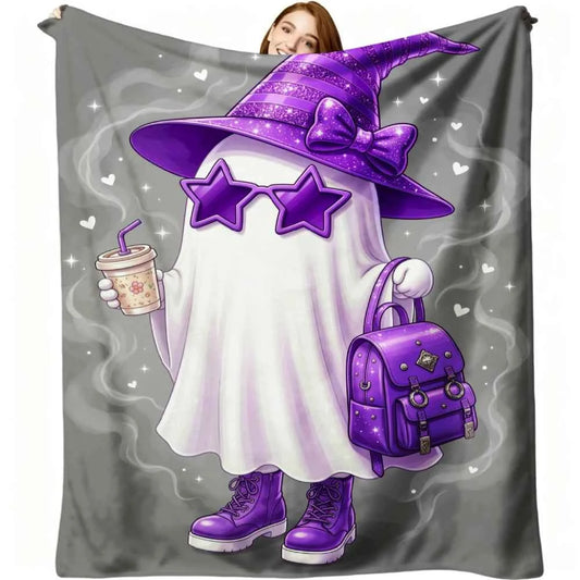 1pc Cute Purple Witch with Star Fashion Glasses And Backpack Print Flannel Blanket