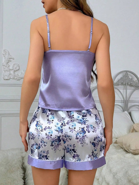 Lavender Satin Cami Top and Floral Print Shorts Pajama Set