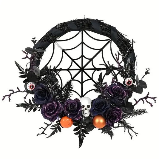 1pc, Prelit Halloween Skull Wreath For Front Door Decor, 20 LED Purple Lights Battery Operated Skeleton