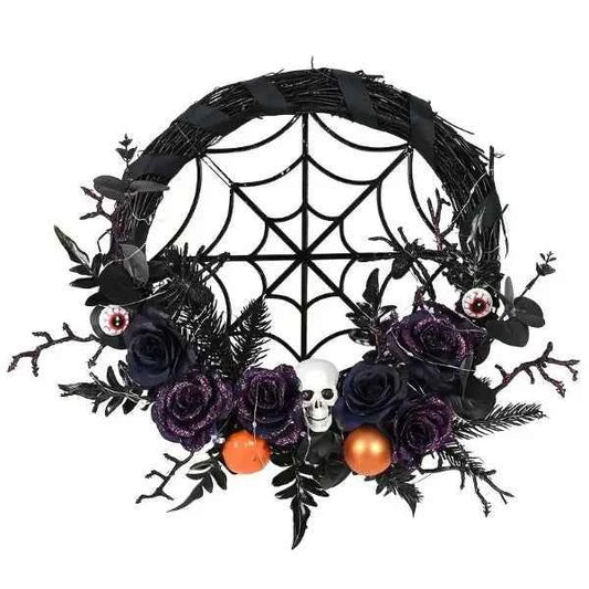 1pc, Prelit Halloween Skull Wreath For Front Door Decor, 20 LED Purple Lights Battery Operated Skeleton