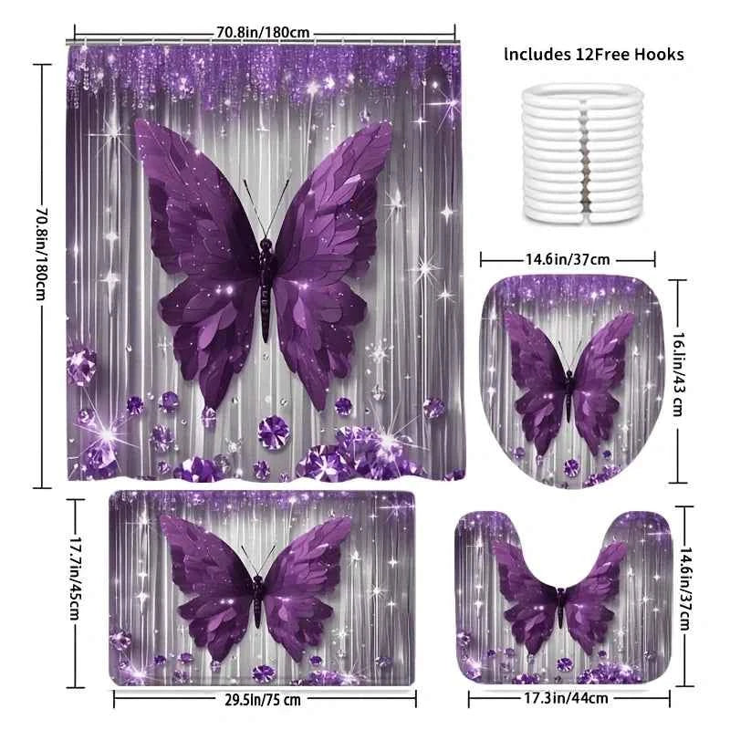 4pcs Set - Fashion Diamond Purple Butterfly Shower Curtain Set,