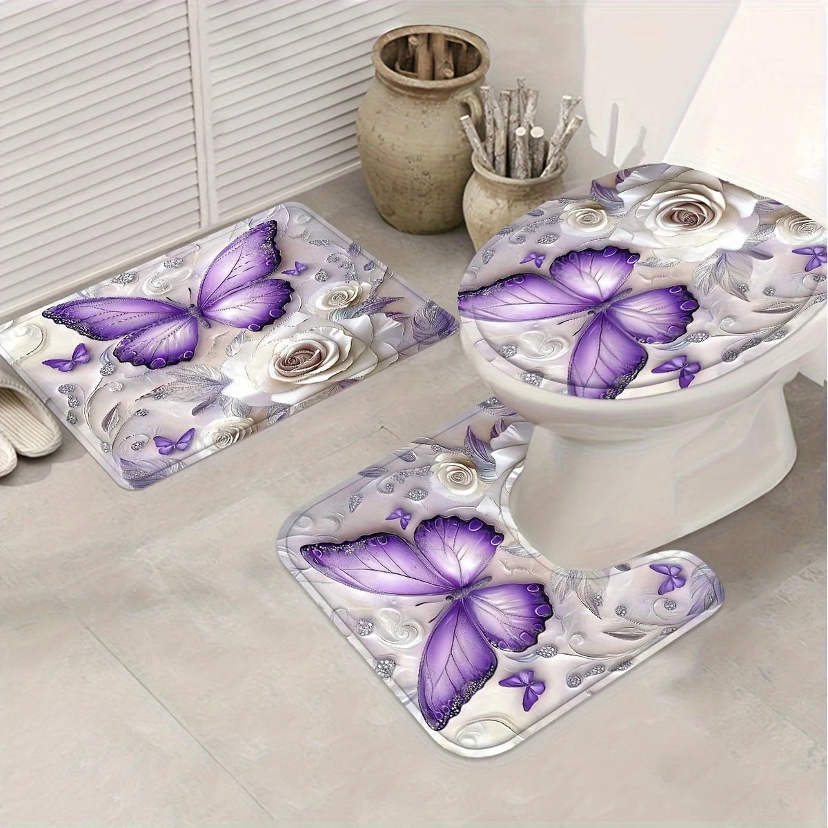 4pcs Purple Butterfly Bathroom Set with Shower Curtain, Non-Slip Rug & Toilet Cover - Machine Washable
