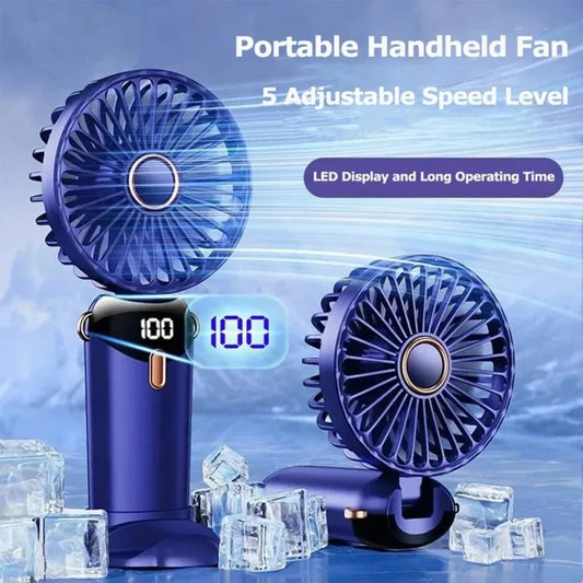 Folding Fan with Phone Stand, 5-Speed USB-C Rechargeable, LED Display Handheld & Desk Fan, Portable