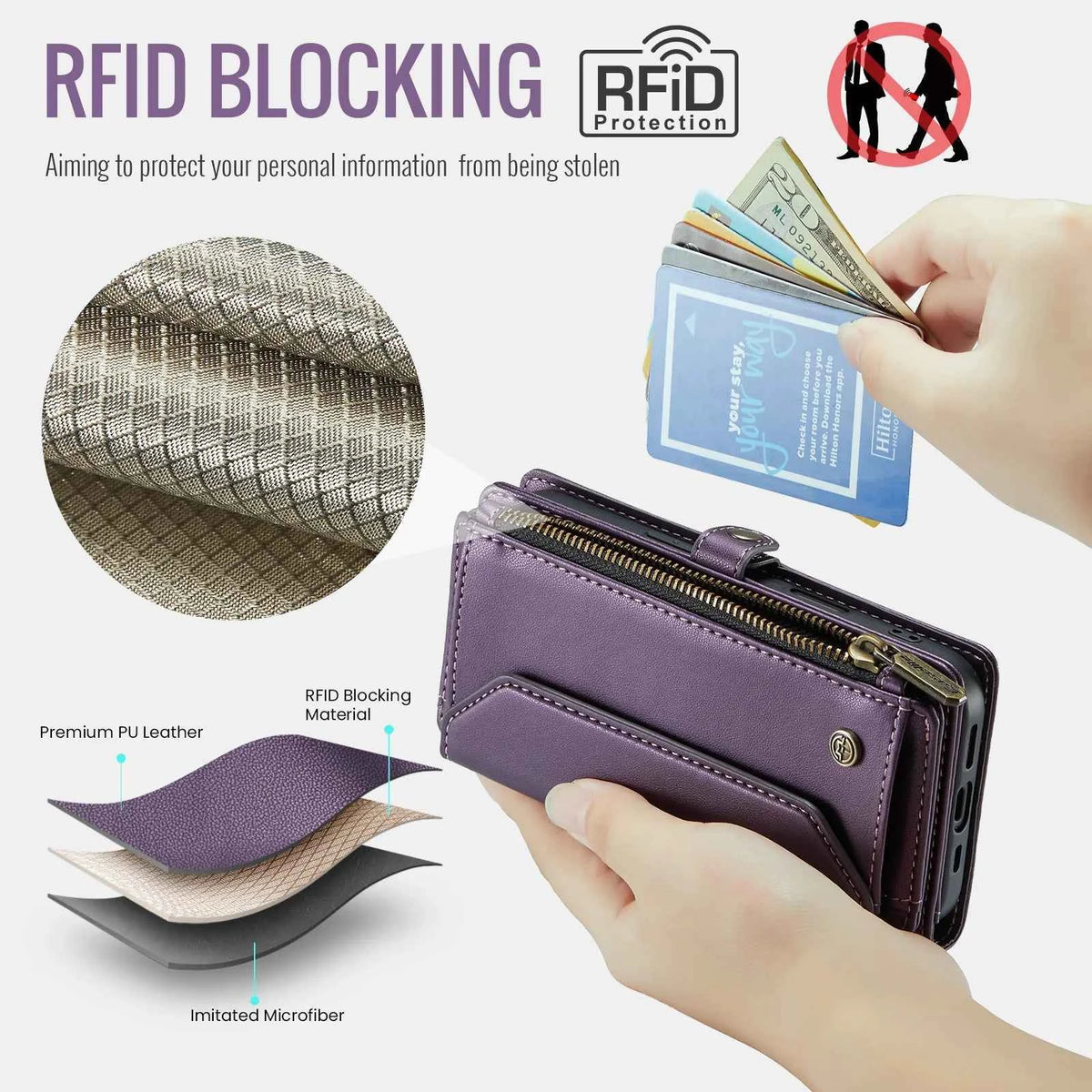 for iPhone Air/17/17 Pro/17 ProMax Case Wallet RFID Blocking with 7-Card Holder - Purpleobsessions