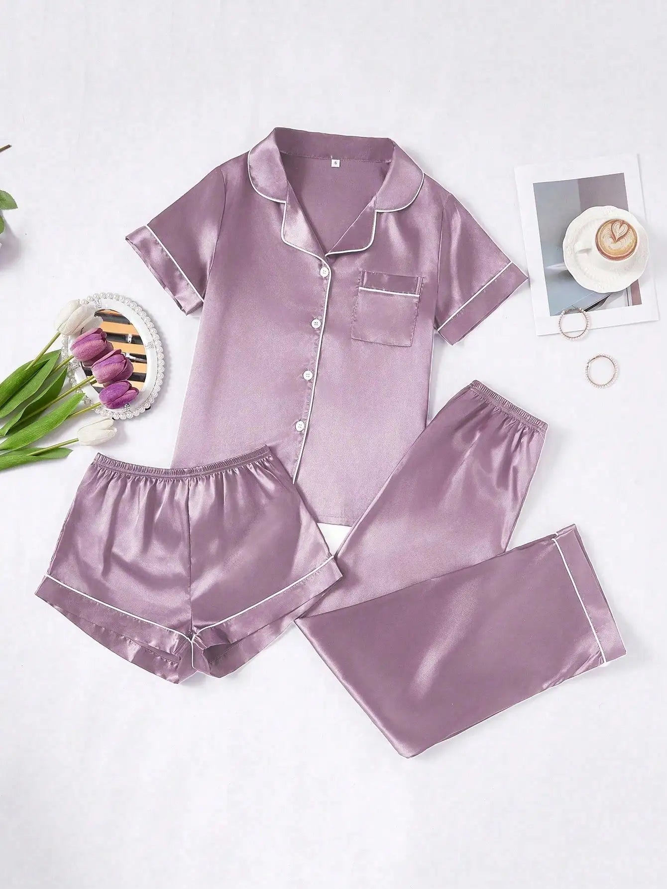 3-Piece Women's Purple Faux Silk Pajama Set with Contrast Trim