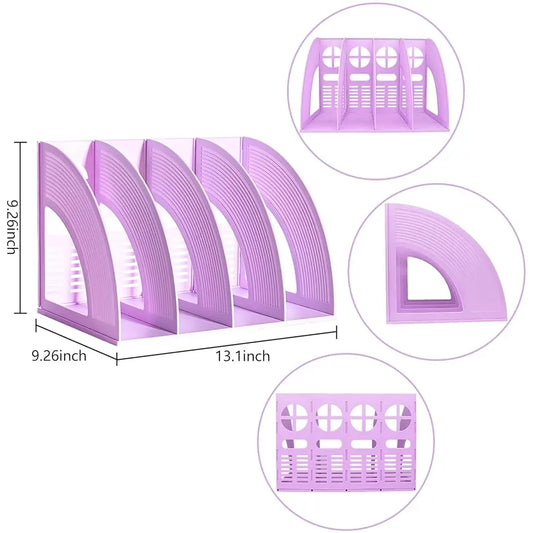 Magazine File Holder Folder Storage Desktop 4 Compartment Standing Hollow Purple Files Bookshelf Organizer