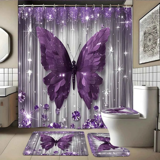 4pcs Set - Fashion Diamond Purple Butterfly Shower Curtain Set,