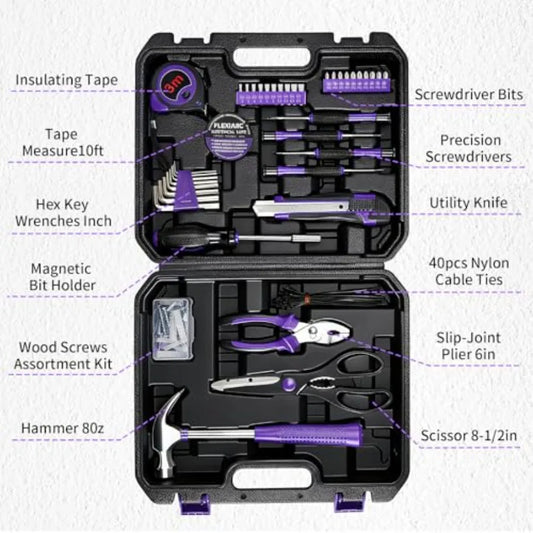 General Household Tool Set - Purple Hand Tool Kit with Waist Pouch and Gloves Tool Kit for home repair