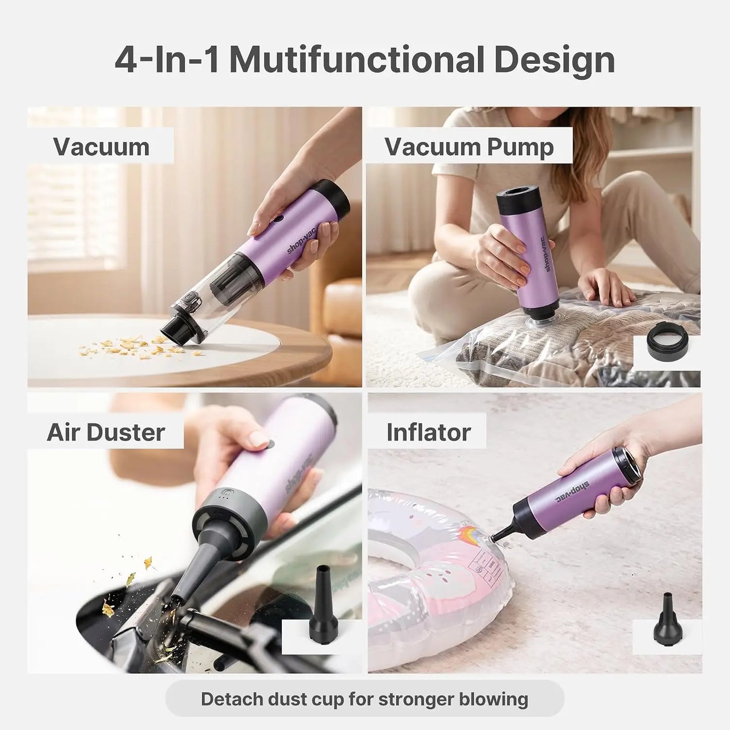 Mini Car Vacuum Cordless, 15000Pa 4-in-1 Portable Handheld Desk Vacuum & Air Duster with Brushless Motor, LED Light, Multi-Nozzles, 2 Modes, for Car, Office, Keyboard Cleaning (Purple)