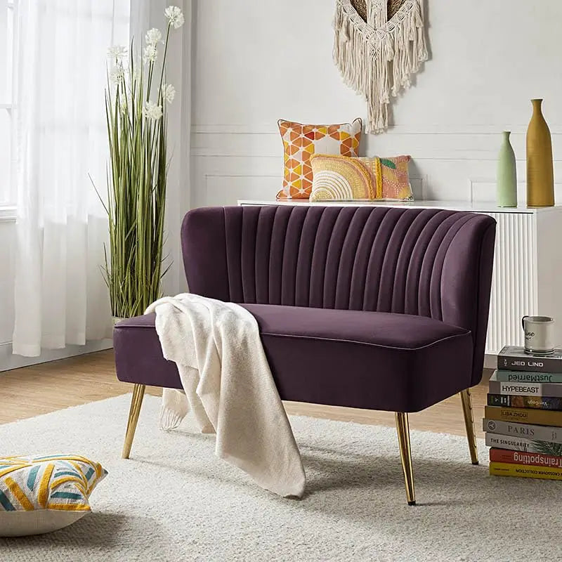 Purple Velvet Loveseat Gold Metal Legs 47in