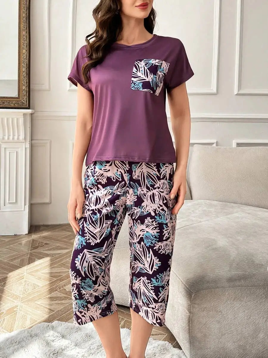 Purple Floral Print Women's Knitted Pajama Set with Pocket and Capri Pants