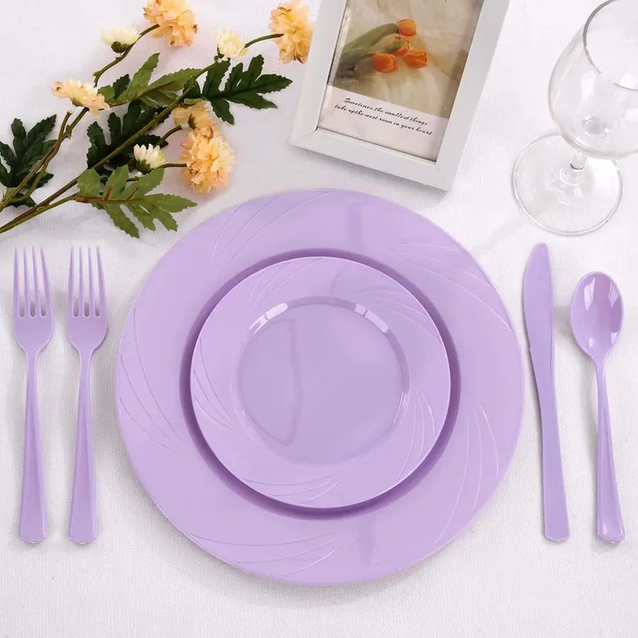 125PCS Purple Plastic Plates Lavender Plate Purple Plastic Silverware Include 50 Dinner & Dessert Plates + 25 each utensils