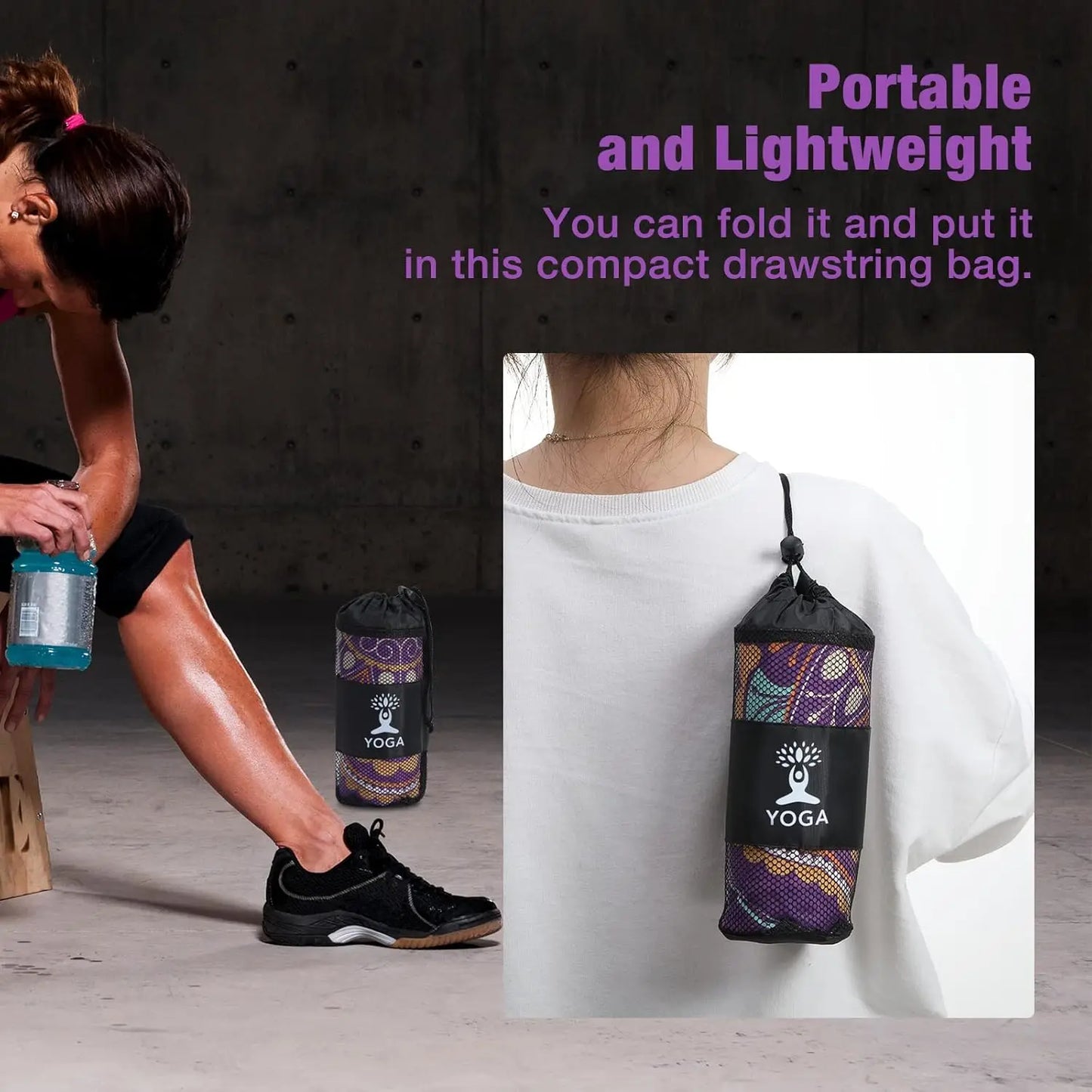 Non-Slip Yoga Mat Towel with Quick-Dry & Corner Pocket, Purple Mandala Pattern for Hot Yoga, Pilates, Gym