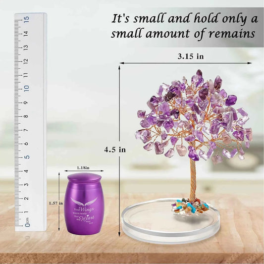Small Urns for Ashes Keepsake Set of 2, Angel Wings Mini Urn for Human Pet Ashes with Amethyst Crystal Tree