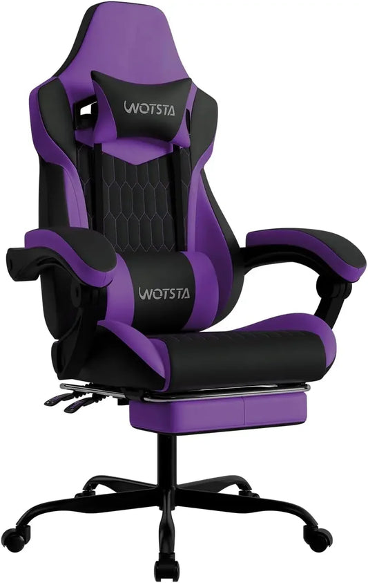 Purple High Back Ergonomic Gaming Chair With Footrest Adjustable Headrest Lumbar Support PVC Leather Racing Style For Home Offic