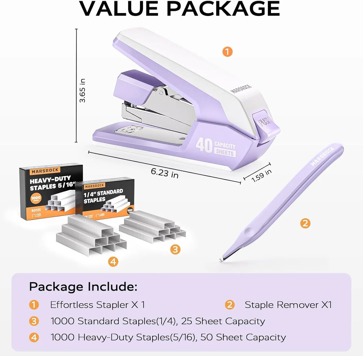 Effortless Desk Stapler, 40-50 Sheet Capacity, 1-Touch Stapling, Ergonomic Design, and Magnetic Staple Remover in Purple