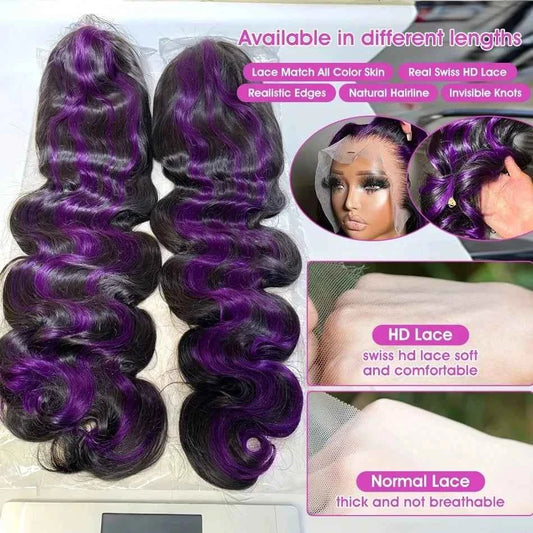 Dark Purple Highlight Wig, Human Hair