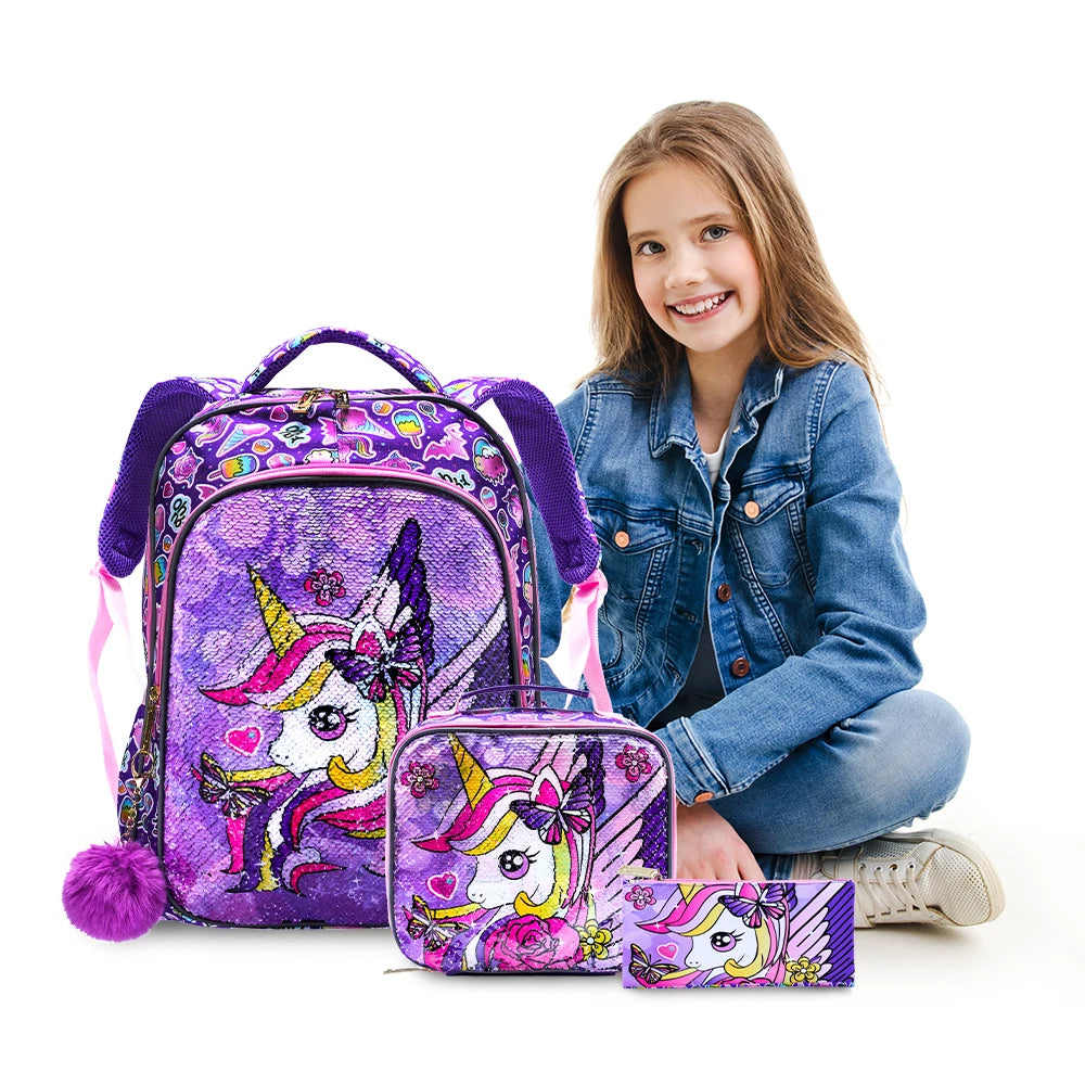 3PCS Kids travel bag, Luggage Bag, Bookbag, With Lunch Box And Pen Bag, Cute Cartoon Purple Unicorn Sequin, Nighttime reflective