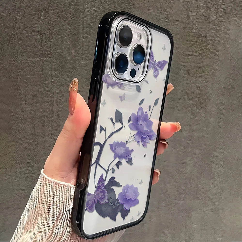 Purple Lotus Pattern Clear Phone Case For iPhone 11 13 Pro 12 15 14 16 Pro Max 15 Plus Hard PC Cover