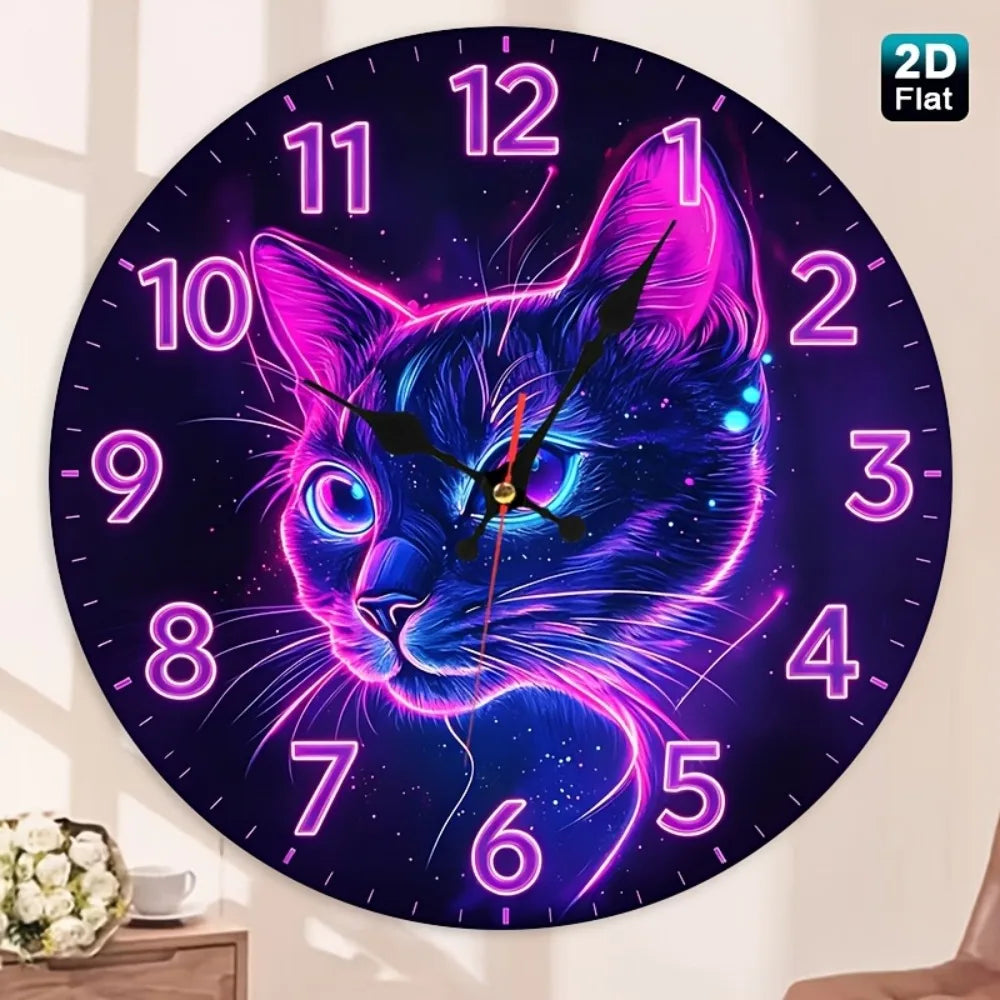 1pc Neon Cat Face Wall Clock - Purple & Pink