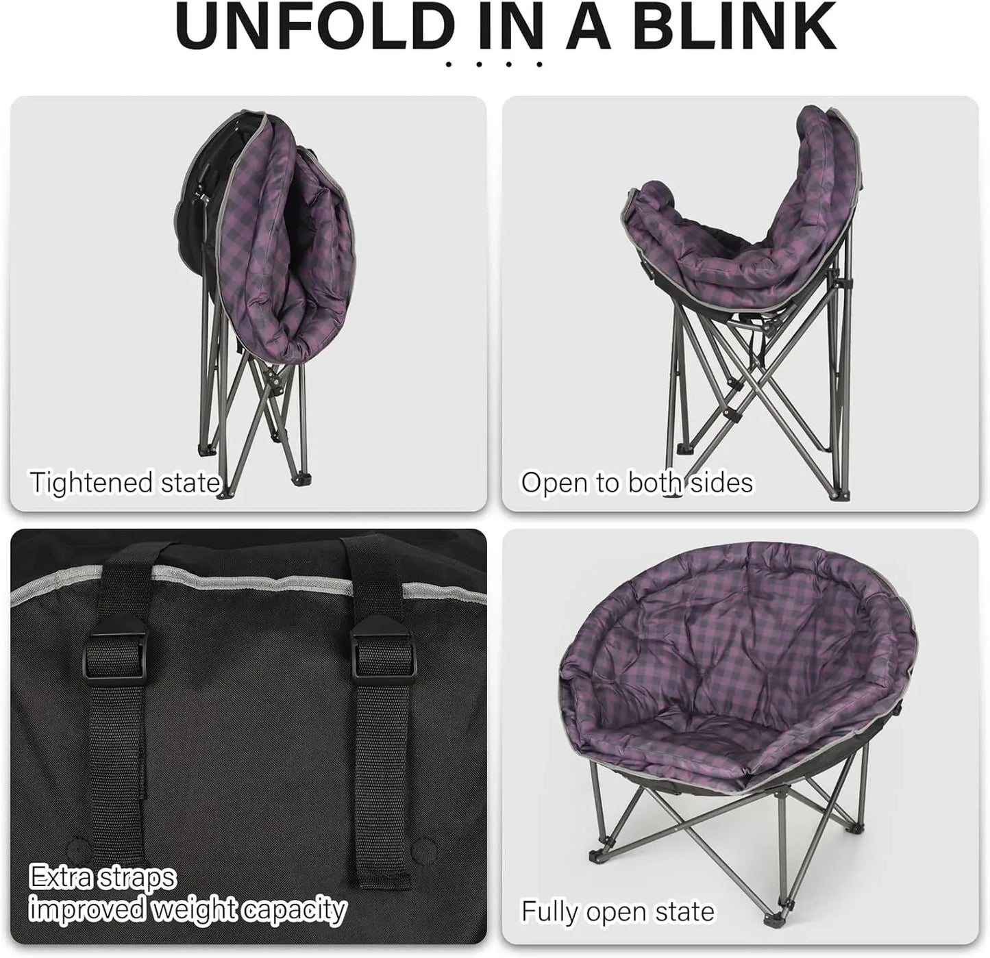 XXL Folding Moon Camp Chair, Heavy Duty 400lbs, Padded, Purple Plaid, Portable