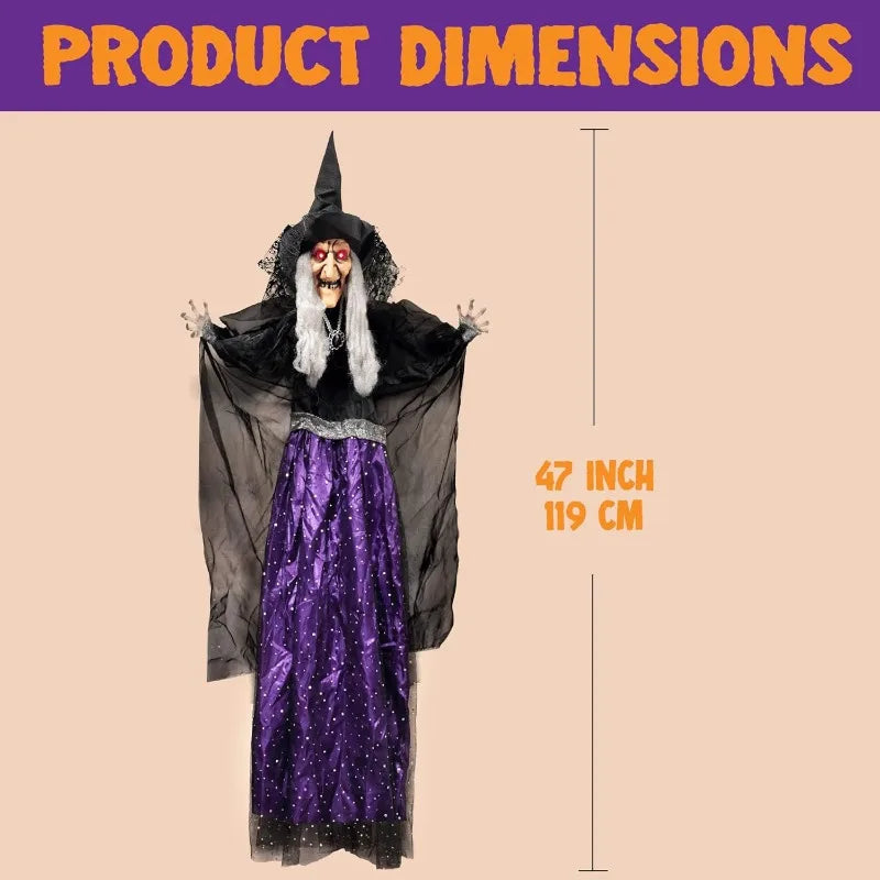 47'' Animated Witch Halloween Decoration, Hanging Ghost Talking Sound Activated Led Lights Eyes