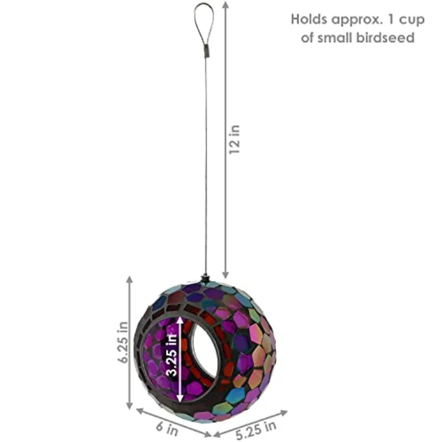 Sunnydaze 6-Inch Glass Mosaic Hanging Bird Feeder for Outdoors - Iridescent Purple Mosaic
