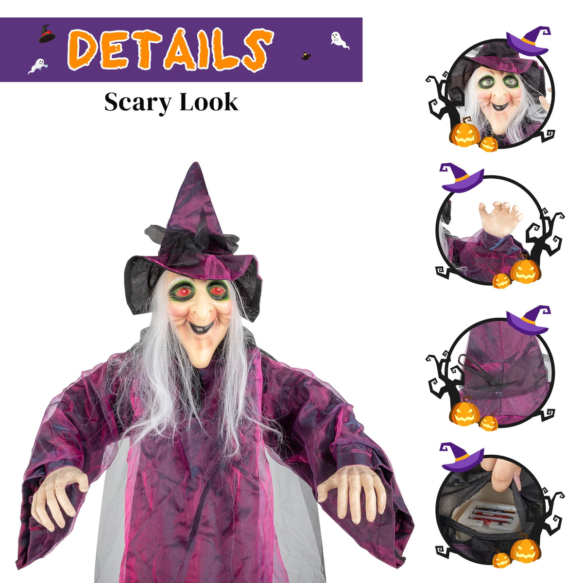 71 in Life Size Hanging Witch Animatronic Talking Halloween Decoration,
