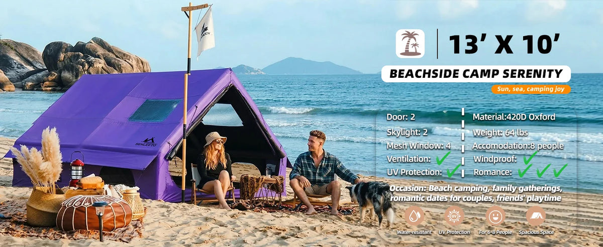 Inflatable Camping Tent, 6-8 Person, Sunproof Blow up Tent with Skylight & Mesh Window, with Stove Jack AC Vent