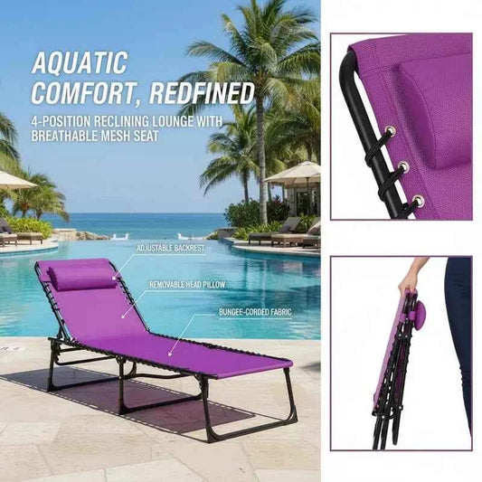 Folding Chaise Lounge Pool Chair with 4-Position Reclining Back, Pillow, Breathable Mesh