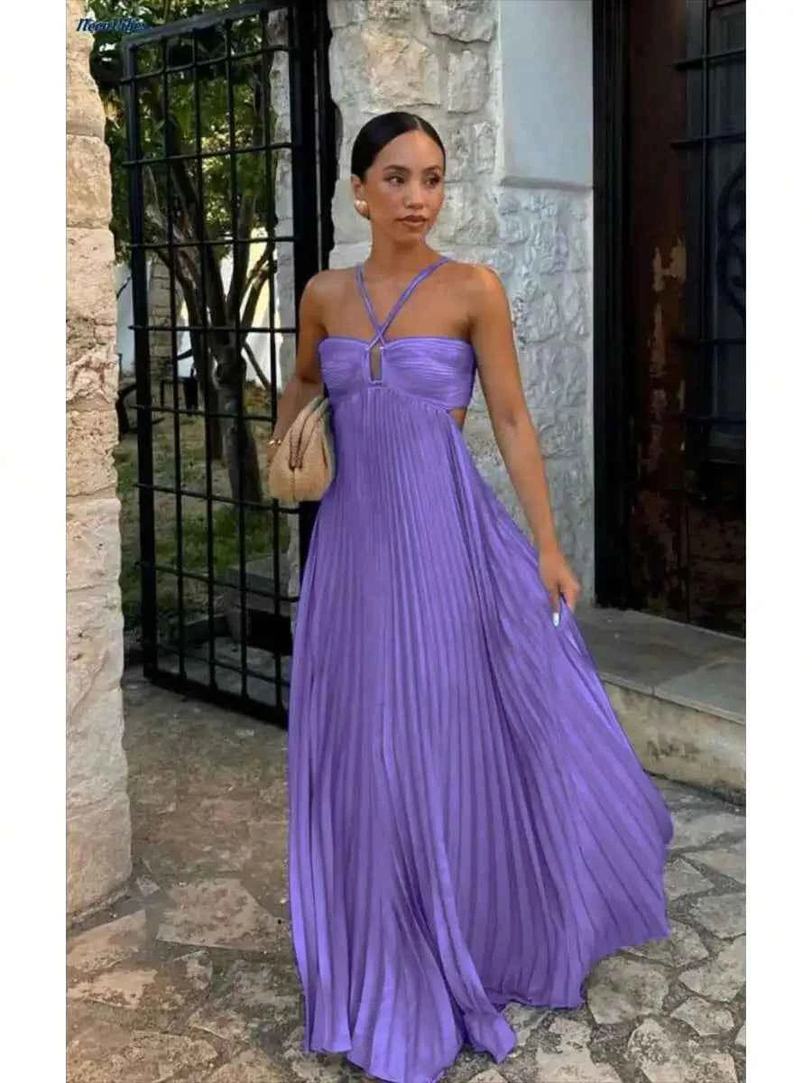 Women's Halter Neck Pleated Maxi Dress Flowy Backless Sundress for Beach Summer - Purpleobsessions
