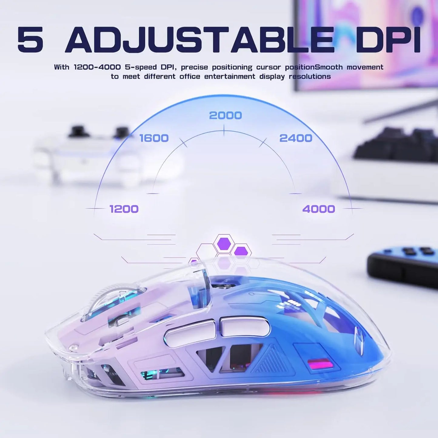 A2 Transparent Wireless Gaming Mouse, BT 5.0/2.4G PC Rechargeable