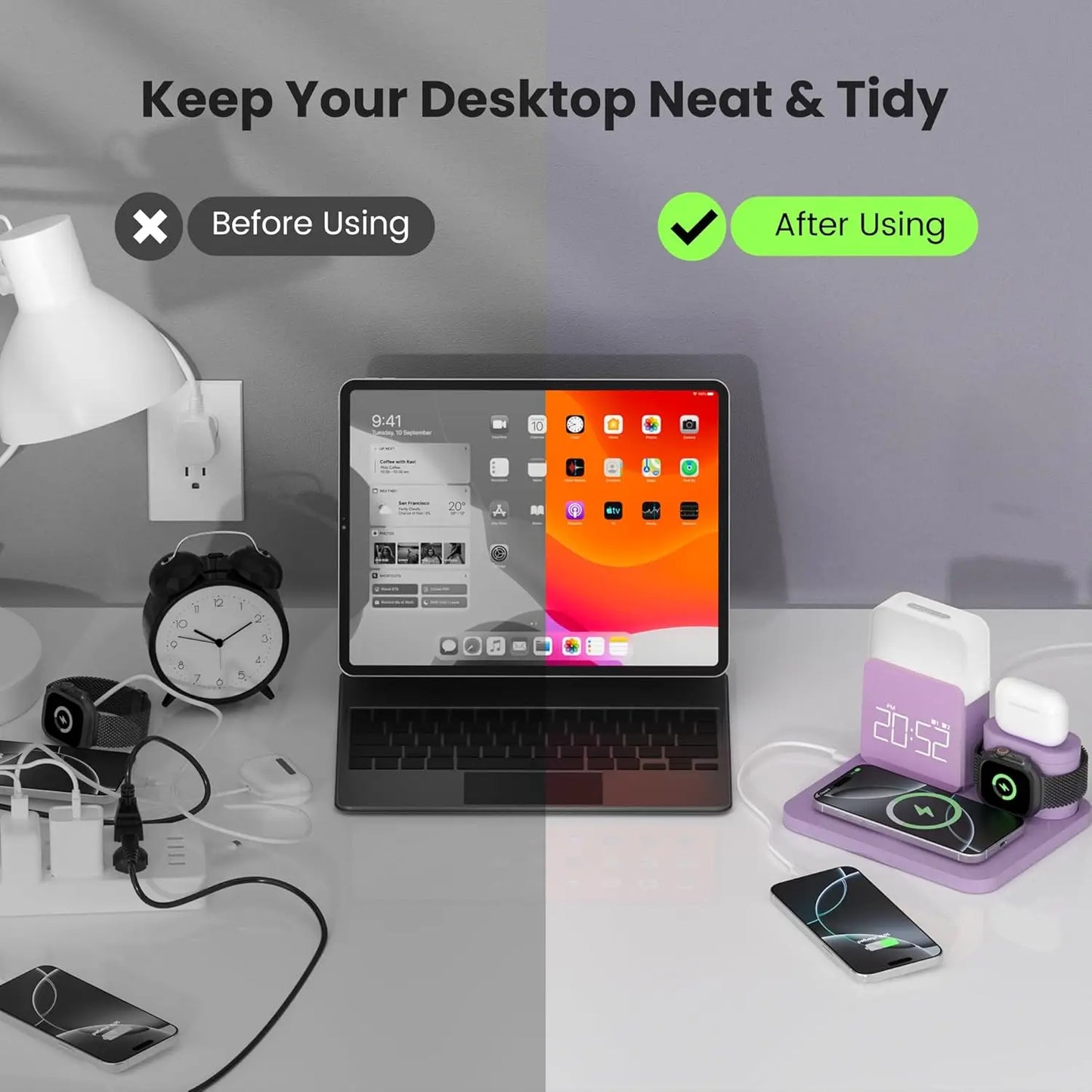 7-in-1 Wireless Charging Station with Dual Alarm Clock & Night Light for Phones and Smartwatches