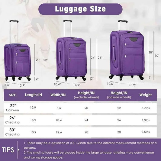 3-Piece Expandable Spinner Luggage Set with Dual Bag Wheels, 22, 26, 30