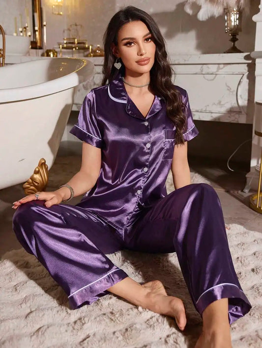 Purple Satin Short Sleeve Pajama Set with Contrast Trim and Lapel Collar