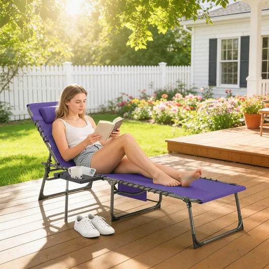Folding Outdoor Chaise Lounge Chair Tanning Chair with 5-Level Adjustable Back, Side Table, Pillow, Pocket, Purple - Purpleobsessions