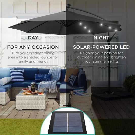 10ft Solar LED Offset Cantilever Hanging Market Patio Umbrella, 8 Sturdy Ribs, Easy Adjustment