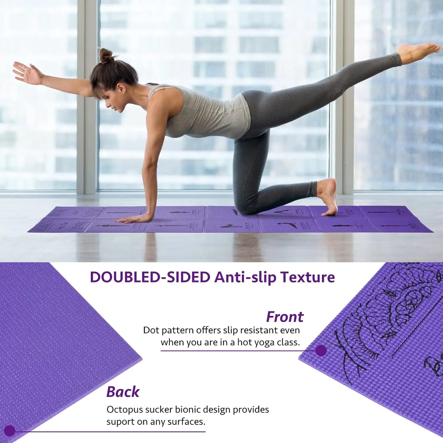 Foldable Non-Slip Yoga Mat, 5mm Thick with Strap for Home Gym and Travel, 68x24 Inches