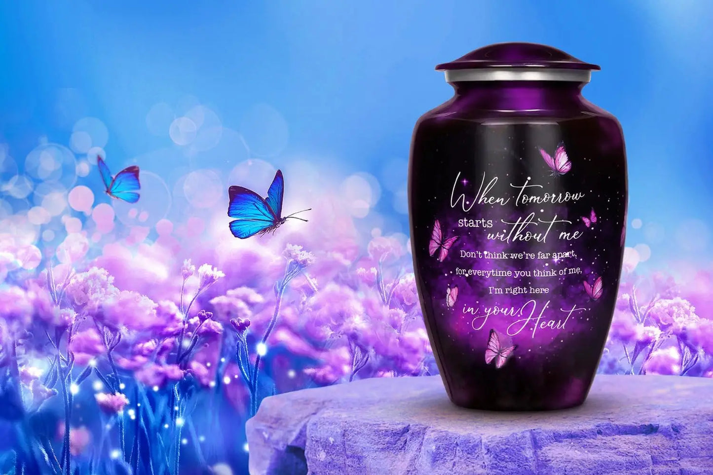 Large Purple Butterfly Urn for Ashes, Handcrafted Metal Keepsake with Secure Lid, Holds Up to 200lbs