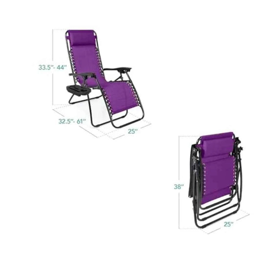 Set of 2 Adjustable Steel Mesh Zero Gravity Lounge Chair Recliners w/Pillows and Cup Holder Trays