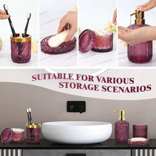 Luxury dark reddish purple glass bathroom 5-piece set: diamond-cut hand sanitizer bottle, mouthwash cup, toothbrush holder, cotton swab jar, soap dish. Nordic-style bathroom toiletry set