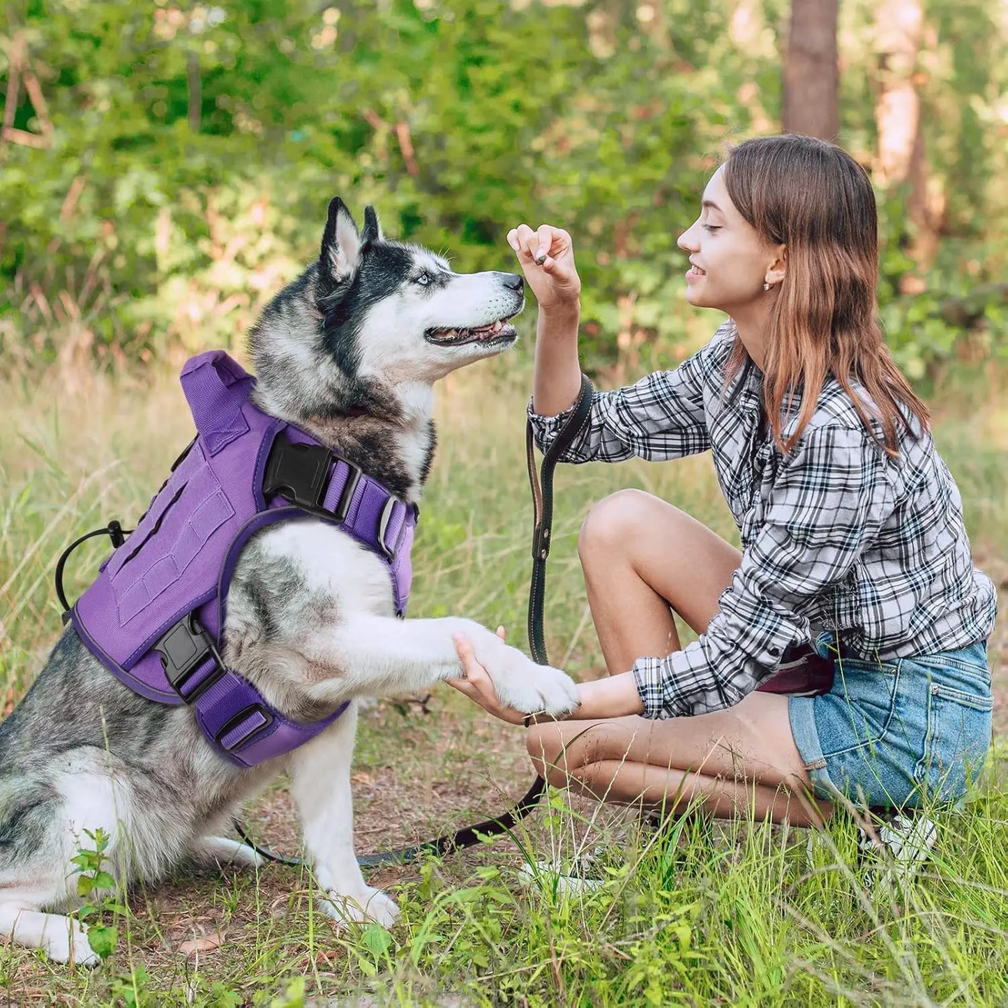 Purple Tactical Dog Harness for Large Dogs, Heavy Duty No Pull with Handle, Adjustable Reflective Vest