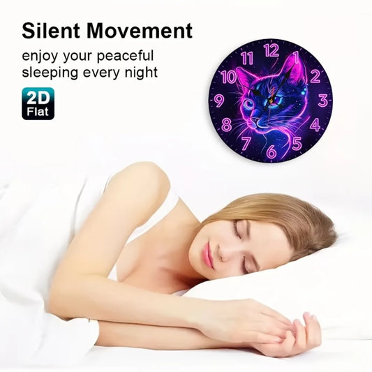 1pc Neon Cat Face Wall Clock - Purple & Pink