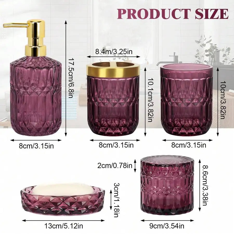 Luxury dark reddish purple glass bathroom 5-piece set: diamond-cut hand sanitizer bottle, mouthwash cup, toothbrush holder, cotton swab jar, soap dish. Nordic-style bathroom toiletry set