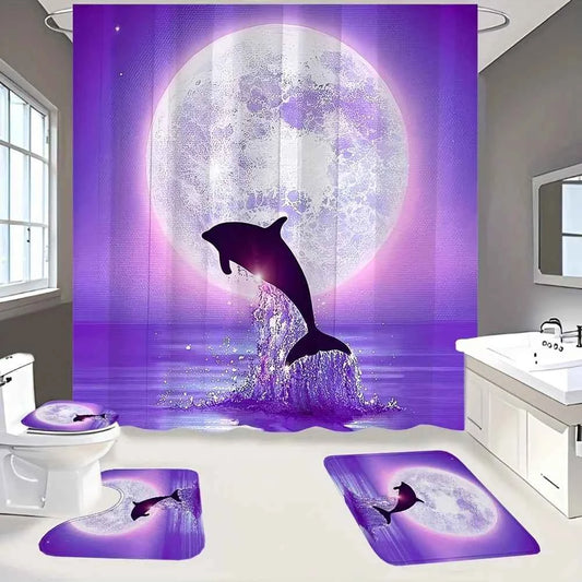 4pcs Shower Curtain with 12 Hooks, Non-slip Mat, Toilet U-shaped Pad, Toilet Lid Pad 71x71 Inches